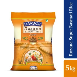 Daawat Rozana Super Basmati Rice 5Kg| For Everyday Consumption| Cooked Grain Upto 13mm*| Naturally Aged
