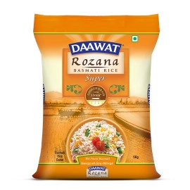 Daawat Rozana Super Basmati Rice 5Kg| For Everyday Consumption| Cooked Grain Upto 13mm*| Naturally Aged