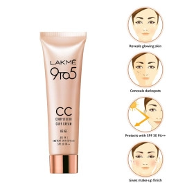 LAKMÉ 9 To 5 Cc Cream Mini|| 01-Beige|| Light Face Makeup With Natural Coverage For All Skin|| Spf 30-Tinted Moisturizer To Brighten Skin|| Conceal Dark Spots|| 9 G,1 Count