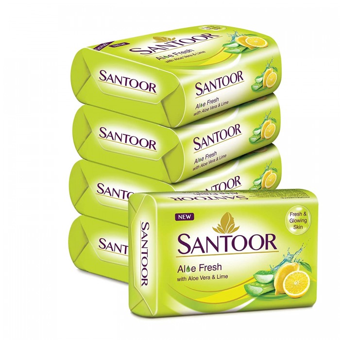 Santoor Aloe Fresh Soap with Aloe Vera and Lime for Radiant Looking Skin, 125g, 4 + 1